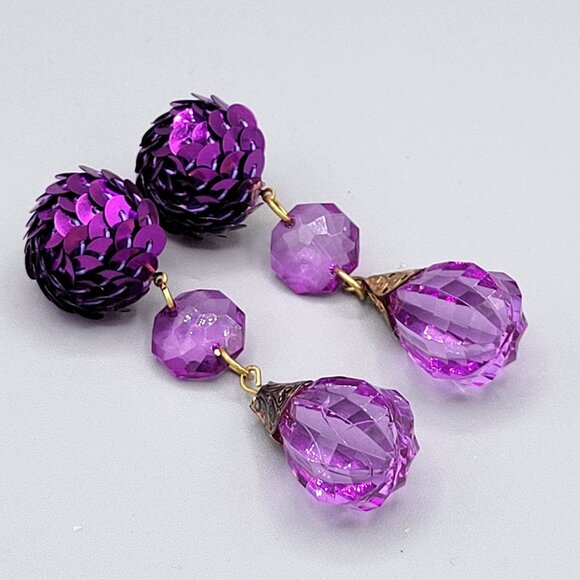 Purple Sequin Teardrop Bead Post Dangle Earrings Gold Tone Length 3 in - Picture 7 of 8